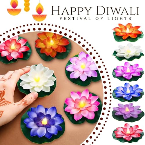 Image of coku 24 Pcs Floating Lotus LED Candles, Water Sensor Diya, 4 inch Multicolor Flower Lights, Water Activated Tea Lights for Diwali, Navratri, Durga Puja, Wedding, Pool, Urli Bowl, & Home Decor (Pack of 24)