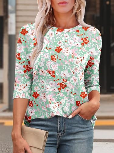 KISSMODA Tunic Tops for Women Loose Fit Dressy Round Neck Pleated 3/4 Length Sleeve Spring Tops