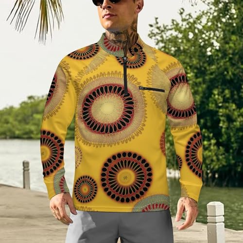Vintage Art Geometric Flowers Men's Rash Guard Long Sleeves Quick Dry Fishing Workout Shirts with Zipper2