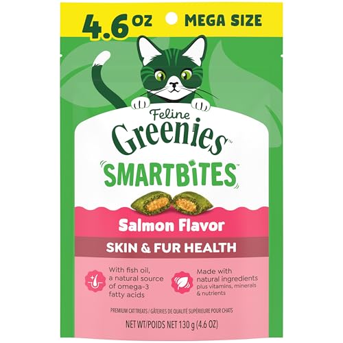Greenies Cat Treats, Feline Smartbites, Skin & Fur Health, Crunchy and Soft Cat Treats, Salmon...