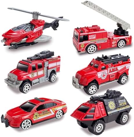 QUANA 6-Piece Fire Truck Vehicle Toy for Boys, Rescue Vehicles, Helicopter & Ladder Truck, Realistic Emergency Play Set Educational Gift for Boys & Girls 4-12