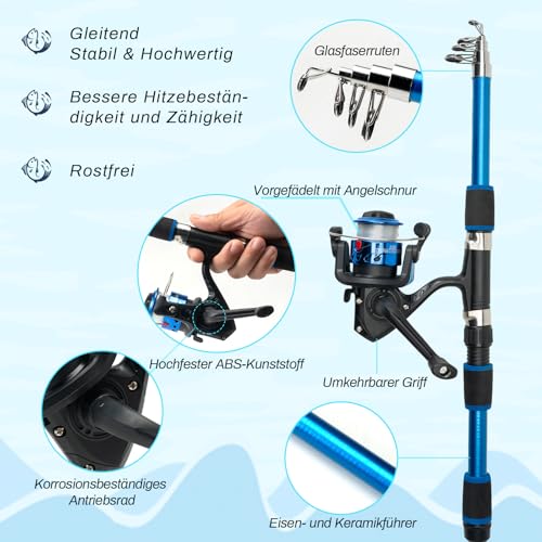 Angelset für Kinder, 2 Stück 1,8m Kinderangel Starter Set, Kohlefaser Teleskop Angelruten mit 5.2:1 Spinnrolle, Angelset Komplett Anfänger mit Köder, Angelzubehör Tragetasche, Süßwasser & Salzwasser