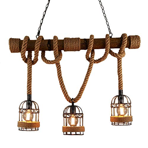 Baycheer Hl448735 Industrial 3 Lights Pendant Light Ceiling Lighting Hanging Lamp Chandelier Lantern Style With Rope Cage Frame & Wood Decoration For Indoor Bar Warehouse Hallway Use E26 Bulbs #TOP29
