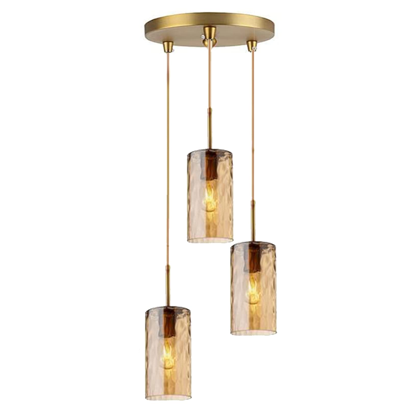 LRUII Industrial Vintage 3 Way Pendant Light Cluster w/Rippled Glass Cylinder Lampshade Brass E27 Ceiling Hanging Lamp 3-Lights Chandelier for Dining Room (Amber)