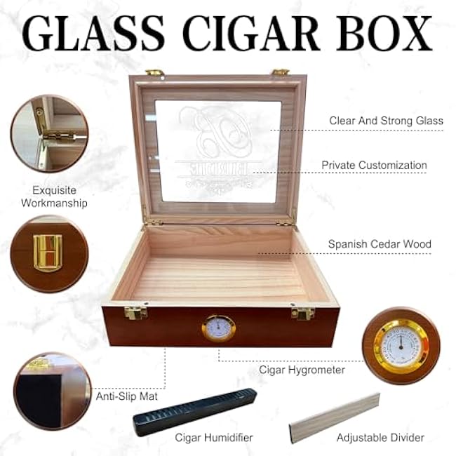 SRdrew Custom Wood Box with Hygrometer, Clear Acrylic Top Display, Personalized Storage Case with Humidifier