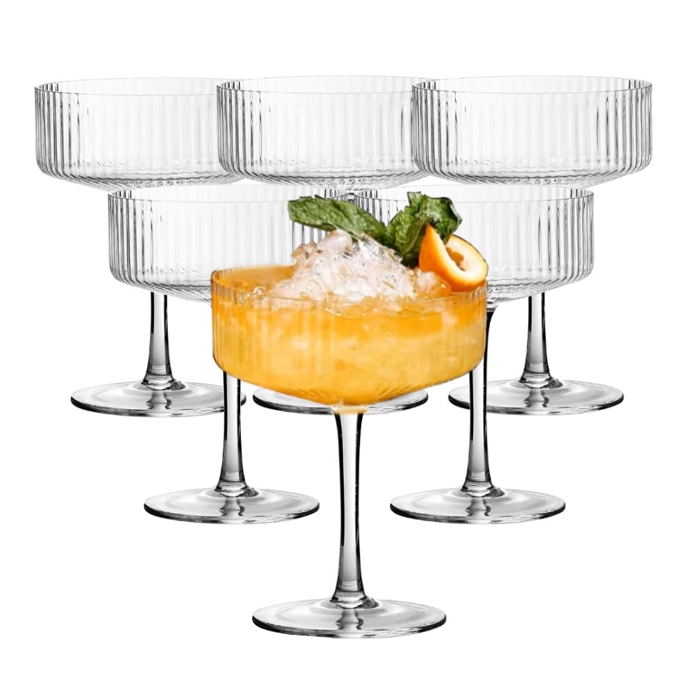 Plastic Ribbed Coupe Glasses, 10 oz Vintage Coupe Glass Set, Unique Martini Glass, Classic Cocktail Galssware, Bar Drinking Glasses Set Pefect for Cocktail, Wine, Champagne (6 pcs)