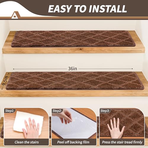 BONACA 9.5"x36" Stair Treads Non Slip Indoor, 14 Pcs Carpet Stair Treads for Wooden Steps, Washable Reusable Peel and Stick Adhesive Stair Runner Rug for Kids Elders Pets - Diamond Pattern Brown by BONACA - Image 6