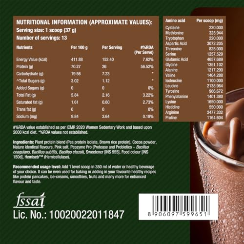 Image of Fast&Up Plant Protein Powder with Rich Chocolate Flavour | Pea Isolate & Rice Protein | 26gm Protein Per Serve | Complete Amino Acids with 4.6g BCAA | Smooth & Tasty with No Added Sugar | Easy to Digest | Tested & Certified, 500 Grams