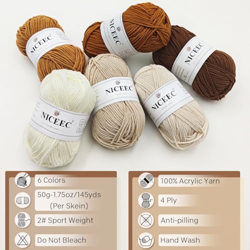 Image of NICEEC 300g Soft Assorted Colors Yarn - Sport Weight,100% Acrylic, 4 Ply, Bonbons Yarn for Crochet & Knit, DIY Project Starter Kit for Kids or Adults(Total 870yds) - Beige