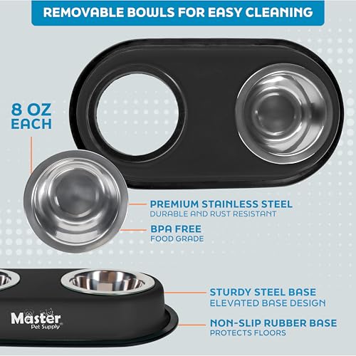 Master Pet Supply Double Dog Bowls Set with Elevated Base and 2 (8 oz) Stainless Steel Removable Dishes (Black Velvet) – Double Cat Food Water Bowl, Dog Puppy Food Bowl Set, Rust Resistant - Image 3