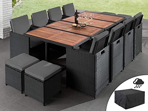 Best Mobilier - Salon de Jardin Encastrable Noir Cuba - en Résine Tressée à la Main - Plateau en Bois - avec Housse de Protection - Coussins Déhoussables...