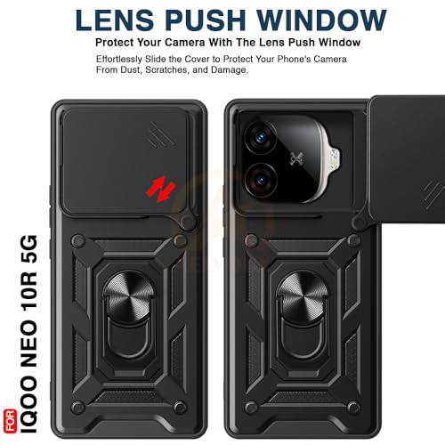 Image of Armor Bumper Back Cover Case for iQOO Neo 10R 5G Rotating Camera Cover, Ring Holder & Kickstand | Heavy Duty & 360 Degree Protection iQOO Neo 10R 5G Back Cover (Black)