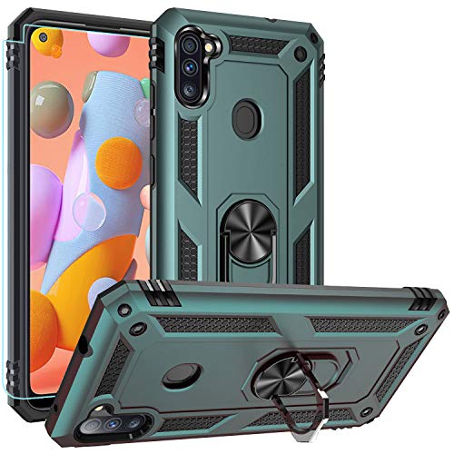 Samsung A11 Case,Galaxy A11 Case,PUSHIMEI Military Grade Heavy Duty Armor Protection Phone Case Cover with HD Screen Protector Magnetic Ring Kickstand for Samsung Galaxy A11 (Dark Green)