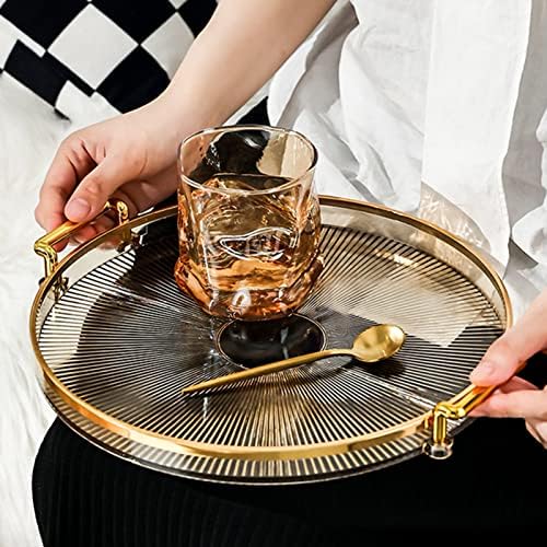 DIYARTS Round Serving Tray with Golden Handles, Acrylic Decorative Tray for Coffee Tea, Reusable Luxury Food Serving Tray for Home Restaurant, Table, Bar Drinks, Breakfast, Fruit (Brown)