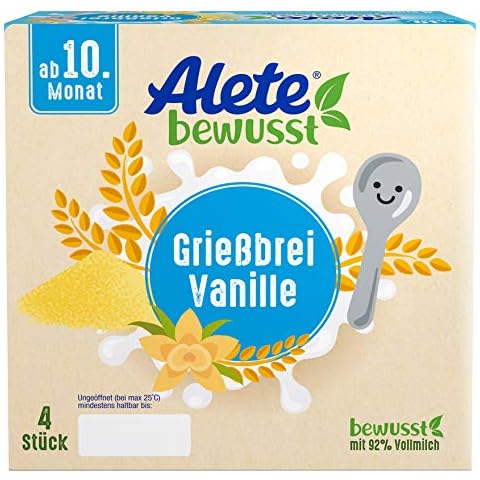 Alete bewusst Grießbrei Vanille, ab dem 10. Monat, leckeres Dessert wie selbst gekocht, süßer Snack mit Vanille-Aroma für Babys, ideal für zu Hause & unterwegs, 400 g (4 x 100 g) Cover
