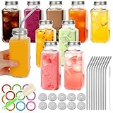 BIGIVACA 8 oz Glass Juice Bottles with Lids 10 Pack | Reusable & Leakproof Juicing Jars with Airtight & Sipping Lids, Straws & Brushes for Travel, Office, Home, Gym