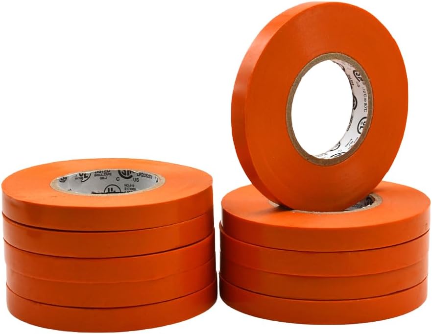 MAT Professional Grade Thin Electrical Tape Orange - 3/8 inch x 66 ft. UL/CSA listed core (Pack of 10) - Waterproof, Flame Retardant, & Strong Rubber Based Adhesive for Use At No More Than 600V & 176F