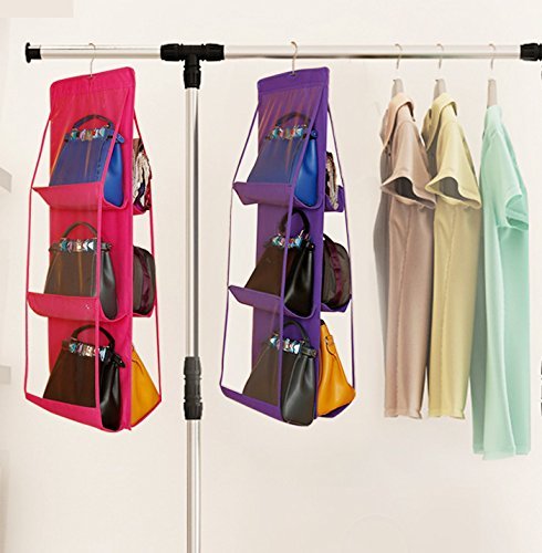 Image of 6 Pocket Large Clear Purse Handbag Hanging Storage Bag Organizer Closet Tidy Closet Organizer Wardrobe Rack Hangers Holder for Fashion Handbag Purse Pouch -Multi Color