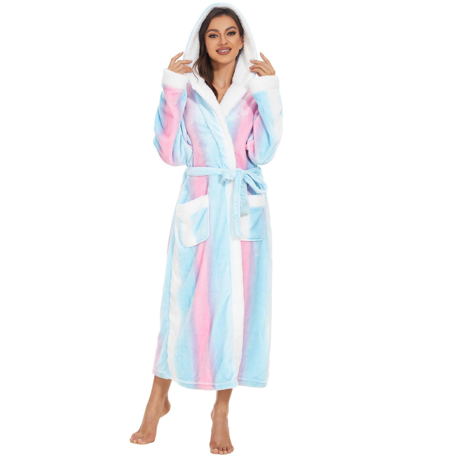 iniber Plush Robes for Women, Womens Robe Long, Fuzzy Fluffy Soft Warm Fleece Hooded Bathrobe