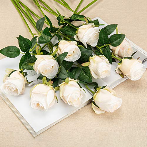 Flojery 10Pcs Artificial Rose Flowers Long Stem Fake Silk Roses For Diy Wedding Bouquet Table Centerpiece Home Decor (White) #TOP3