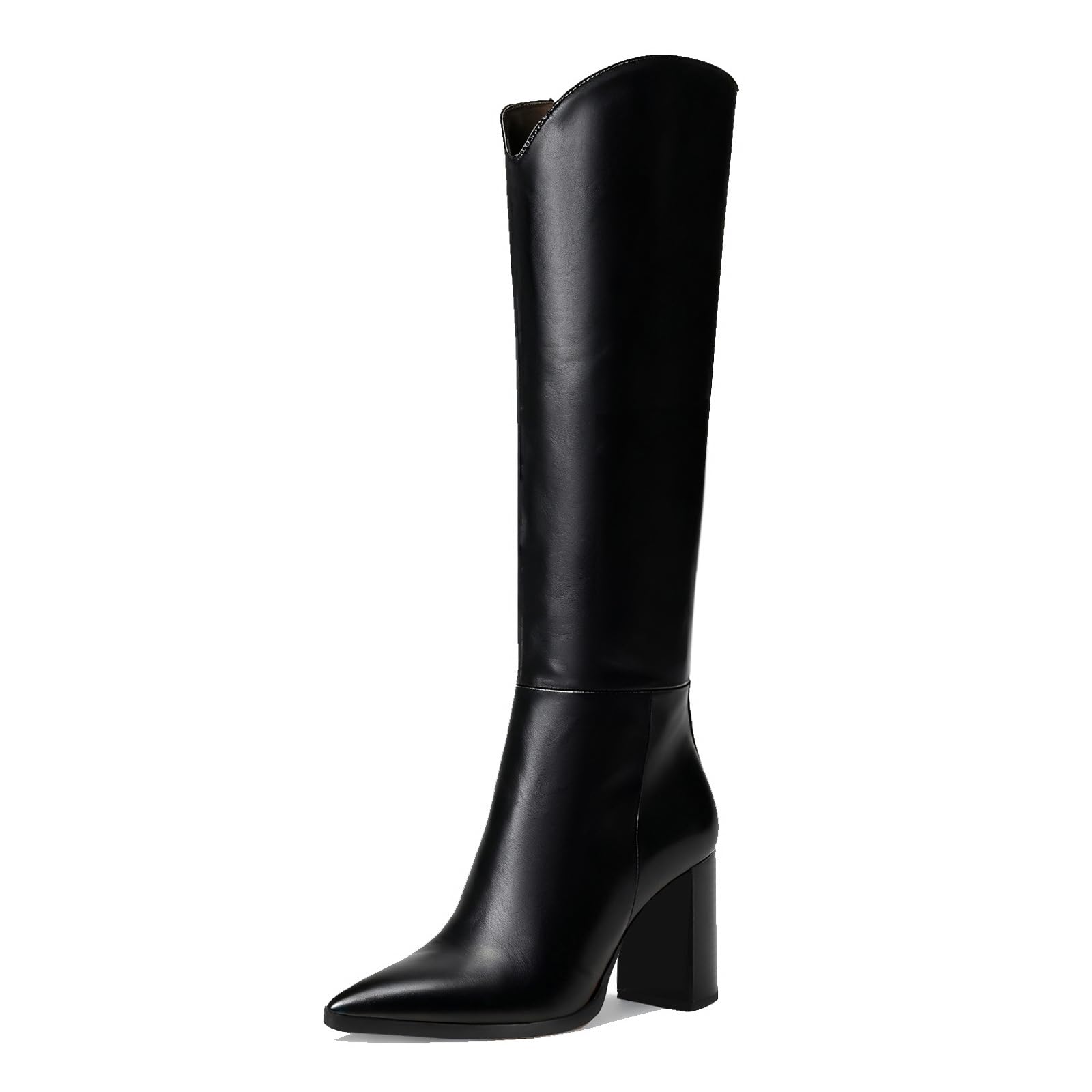 Knee High Boots for Women Comfortable Chunky High Heel Pointed Toe Wide Calf Leather Tall Boots with Side