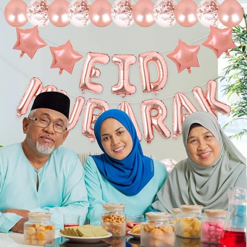 Image of Rozi Decoration Rose Gold Eid Mubarak Decorations Foil Balloon for Home, Shop, Office, Garden, Lawn, Eid Party Decoration Items | Eid Mubarak Decorations Items Pack of 35 Pcs