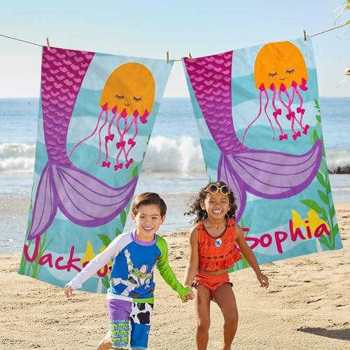 Yoltotude Personalized Kids Beach Towels Custom Sand Free Microfiber Beach Towel with Names & Monogram Customized Quick Dry Pool Towels for Girls Boys Standard Size Easter Gifts for Kids
