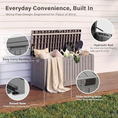 Image of EAST OAK Outdoor Storage Box, 80 Gallon Deck Box, Waterproof Resin Storage Bin for Patio Cushions, Gardening Tools, Lockable, UV Resistant, Ash Grey