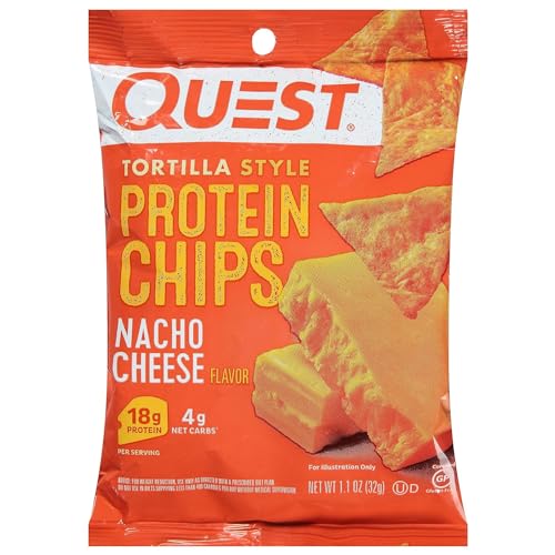 Image of Quest Nutrition Protein Tortilla Chips, Nacho Cheese, 18g Protein, 4g Net Carbs, 150 Calories, Low Carb, Gluten Free, Soy Free, Potato Free, Baked, 1.1oz Bag, Single Sample