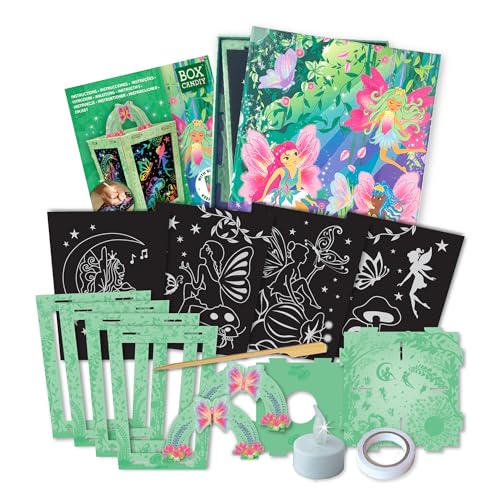 Image of BOX CANDIY Scratch Art Lantern Craft Kit for Kids | 4 PVC Scratch Sheets, Scratch Stick, 3D Lantern with 9 Cardboard Pieces, LED Candle (No Battery), Double-Sided Tape & Storage Box – Fairy Theme