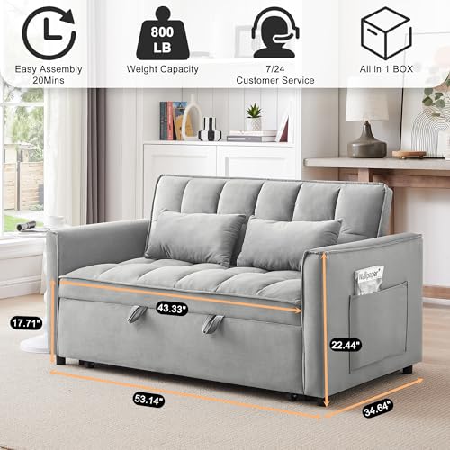 howcool 3 in 1 Convertible Sleeper Sofa Bed, Futon Couches for Living Room with Side Pocket | Adjustable Backrest | Velvet Fabric | Pull Out Couch | Small Loveseat | Sectional Sofa Bed, Grey