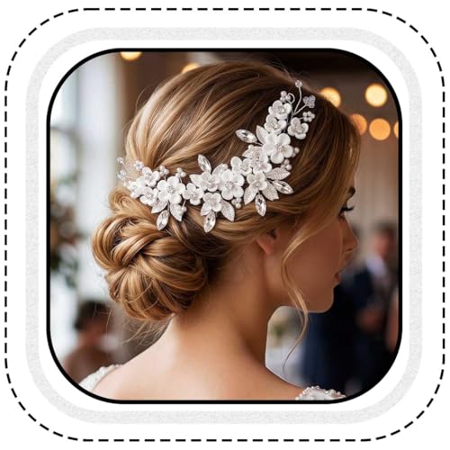 Unicra Silver Flower Wedding Hair Vine Pearl Bridal Hair Piece Rhinestone Hair Accessories Leaf Headband for Brides and Women