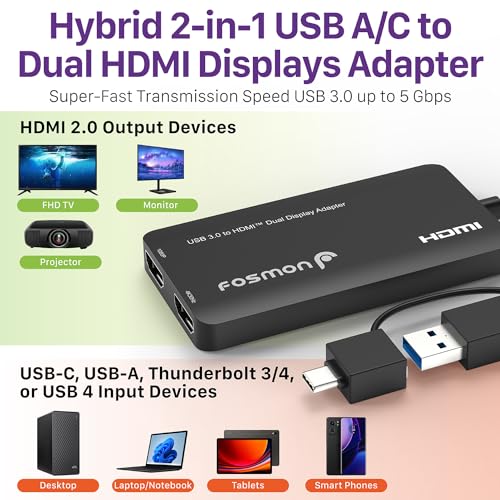 Image of Fosmon 2-in-1 USB C & USB 3.0 to Dual HDMI Display Adapter, 1x 4K@30Hz & 1x 1080p, Multi-Monitor Display (3 Separate Screens) Extender Splitter for macOS, MacBook, Windows, Chromebook
