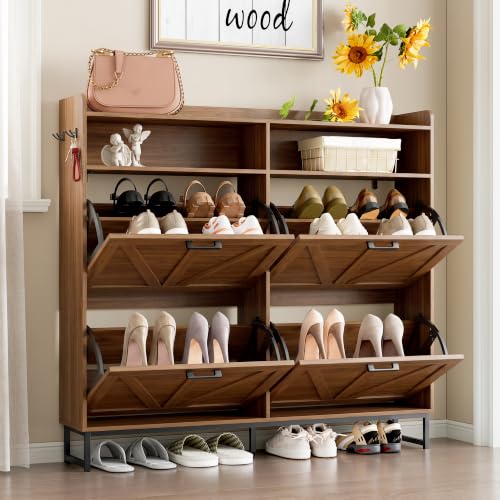 Image of BORNOON Shoe Cabinet with 4 Flip Drawers Narrow Shoe Storage Cabinet Organizer Wooden Freestanding Shoe Rack Hidden Slim Shoes Storage Cabinet for Entryway, Hallway, Living Room, Bedroom
