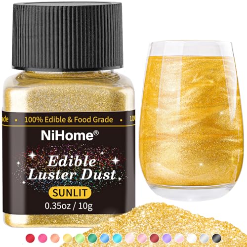 NiHome Edible Food-Grade Glitter Powder Glimmer Luster Dust Metallic Fancy Food Decorating Sprinkle Glimmery Dust for Drink Wine Beverage Cake Bakery Vegan Allergen-Free (Sunlit, 0.35oz/ 10g)