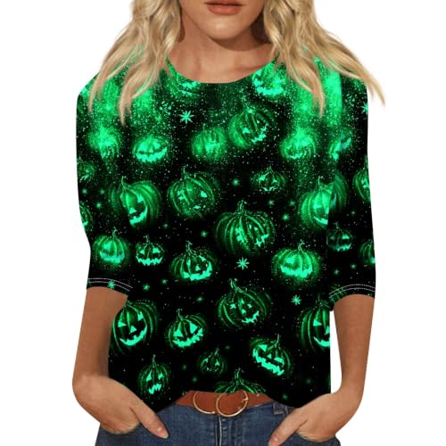 Image of Women Spooky Halloween Graphic Shirt 3 /4 Length Sleeve Crewneck Top | Halloween Funny Printed Pumpkin Plus Size Tshirts 2026 Fall Outfits Skeleton Tee Going Out Tops