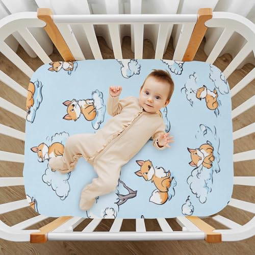 Image of Crib Sheet Breathable Soft Crib Mattress Sheet for Baby Toddler Boys Girls Fitted Crib Sheet Fit Standard Crib Mattress 39 x 27 Inch Blue Fox and White Clouds