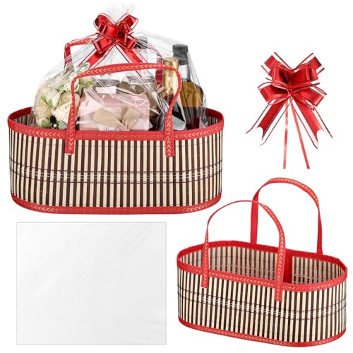 Image of Reallnaive 1 Set Empty Baskets for Gift to Fill Large Woven Basket for Back to School DIY Birthday Party Empty Gift 15.75 x 7.87 x 6.3 Inch, Bows and Cellophane Wrap Bags