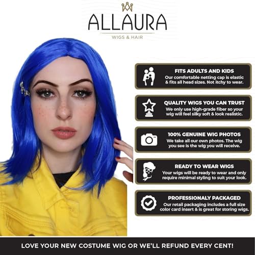 Image of ALLAURA Blue Bob Coraline Wig Adult for Women - Cosplay Hair with Dragonfly Hairclip, Fits All - Compatible with Blue Coraline Wig