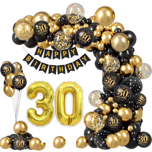 Set de decoración de cumpleaños 30 – arco de globos negro y dorado con pancarta de feliz cumpleaños y globos de 32 ″ – Decoración de fiesta perfecta para hombres y mujeres