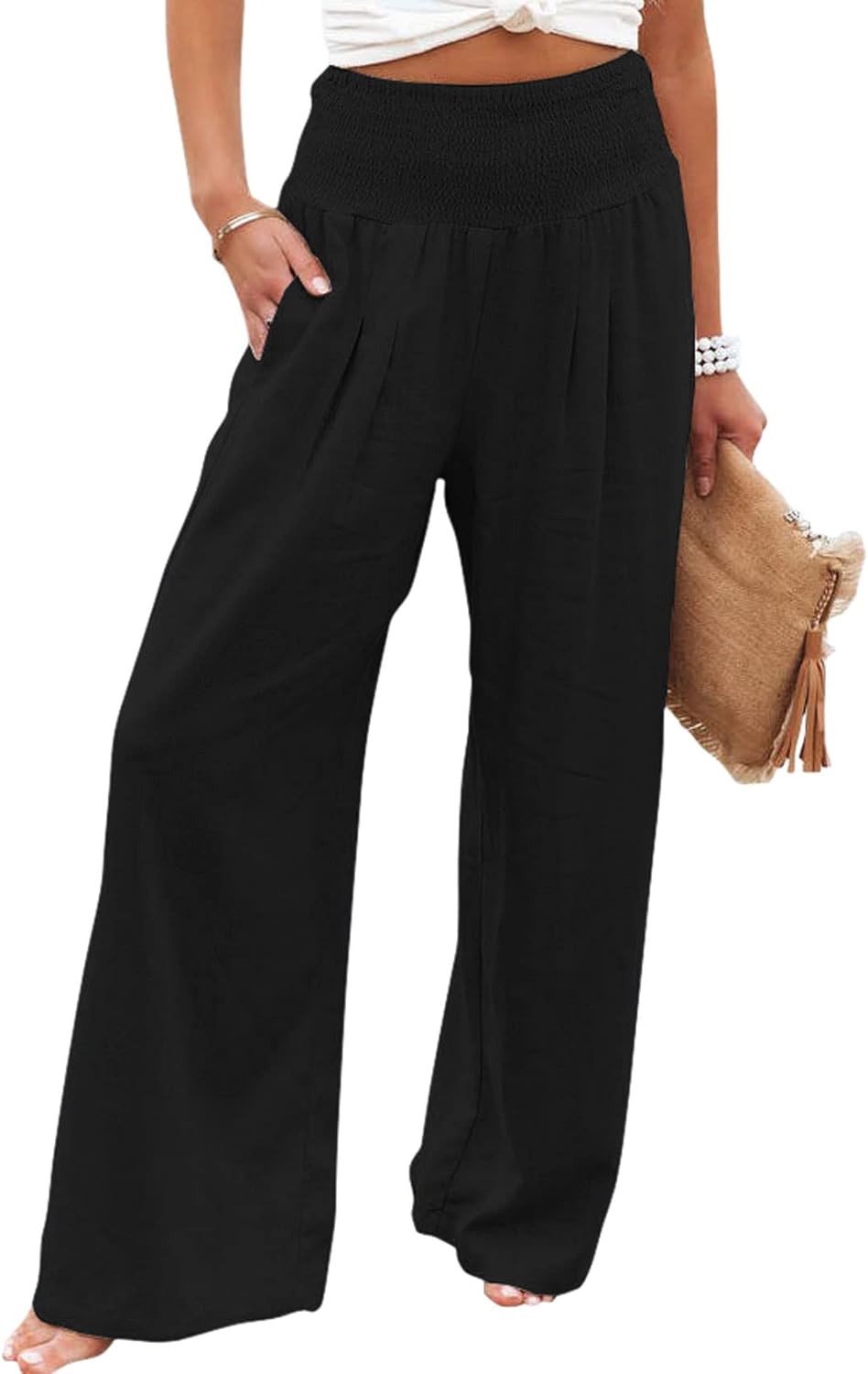 Women's Summer Stretched High Waisted Linen Wide Leg Palazzo Beach Yoga Pants with Pockets