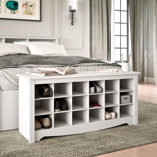 Image of Prepac White Shoe Cabinet, Entryway Bench, Mud Room Organization and Storage Bench with 18 Shoe Cubbies 16 inchD x 48 inchW x 24 inchH