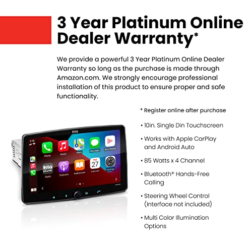 Boss Audio Systems Elite Be10Acp Car Stereo System, Apple Carplay, Android Auto, 10.1 Inch Single Din, Touchscreen, Double Din Conversion Brackets, Bluetooth Head Unit, No Cd Player #TOP2