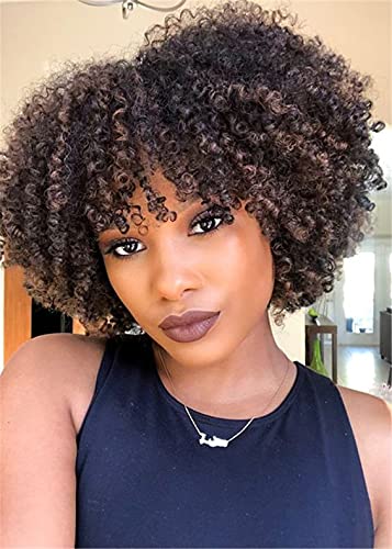 Brazilian Virgin Afro Curly Wig with Bangs Shoulder Length Curly Wig Afro Kinky Curly Hair Wig for Black Women 150% Density Natural Color (10Inch, Afro curly wig 1B/30)