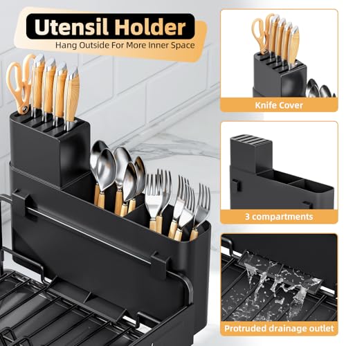 Urackify Dish Drying Rack for Kitchen Counter, Countertop Dish Rack with Drainboard, Multifunctional Dish Drainer with Cups Holder & Cutting Board, Home Plate Storage Rack with Cutlery Holder, Black - Thumbnail 5