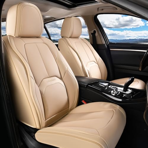 Image of Coverado Seat Covers, Leather Seat Covers Front Seat, Luxury Car Seat Covers with Lumbar Support, Front Driver Seat Covers, Car Seat Protector Waterproof Universal Fit Most Cars(Beige)