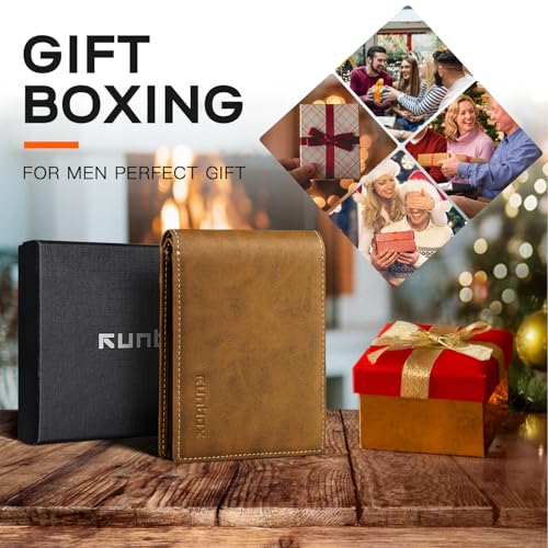 Image of RUNBOX Wallet for Men Slim Leather Bifold RFID Blocking Minimalist Front Pocket Design with Gift Box | Minimalist Front Pocket Design, Holds 8 Cards, RFID Protection, Gifts for Men on Birthdays, Father's Day, and Christmas