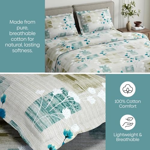Image of Haus & kinder Double Bedsheet for Queen Size Bed | 90 x 100 Inches 144 TC Cotton Bedsheet for Double Bed with 2 Pillow Covers - Aqua Meadow Blue