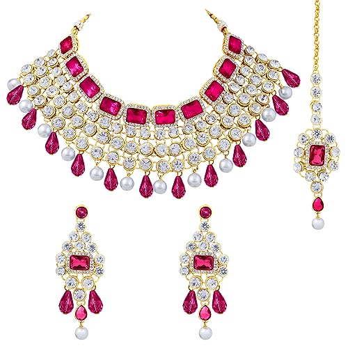 Image of Peora Crystal Choker Necklace with Maang Tikka Earrings Indian Traditional Bridal Wedding Jewellery Set for Women