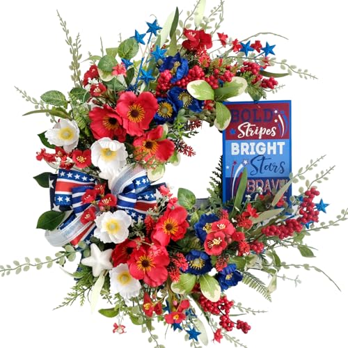 20" Handcrafted Patriotic Wreath for Front Door- Red White Blue 4th of July Wreath with Silk Poppies, Metal Stars & Layered Bow, Memorial Day Independence Day Indoor/Outdoor Decor